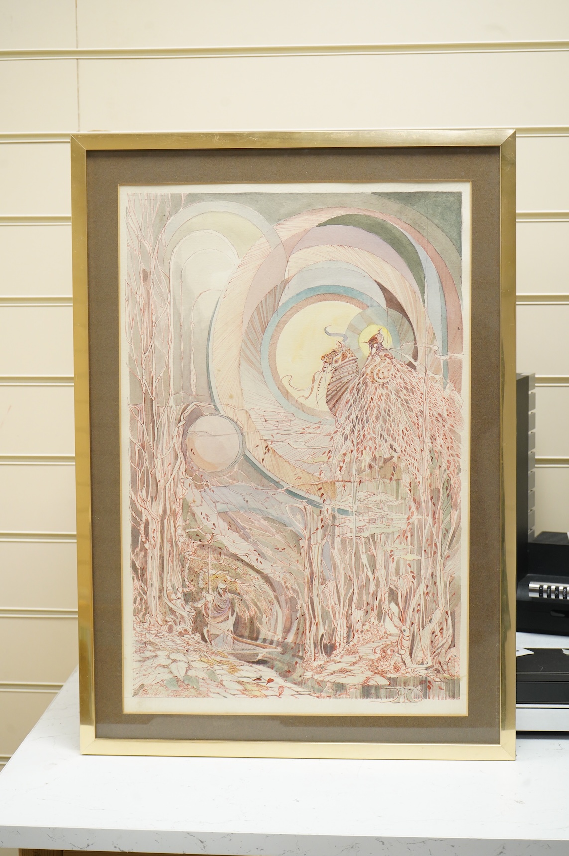 Hasting, surreal illustration with knight on horseback above a river, signed and dated ‘79, pen, ink and wash, 53 x 34cm